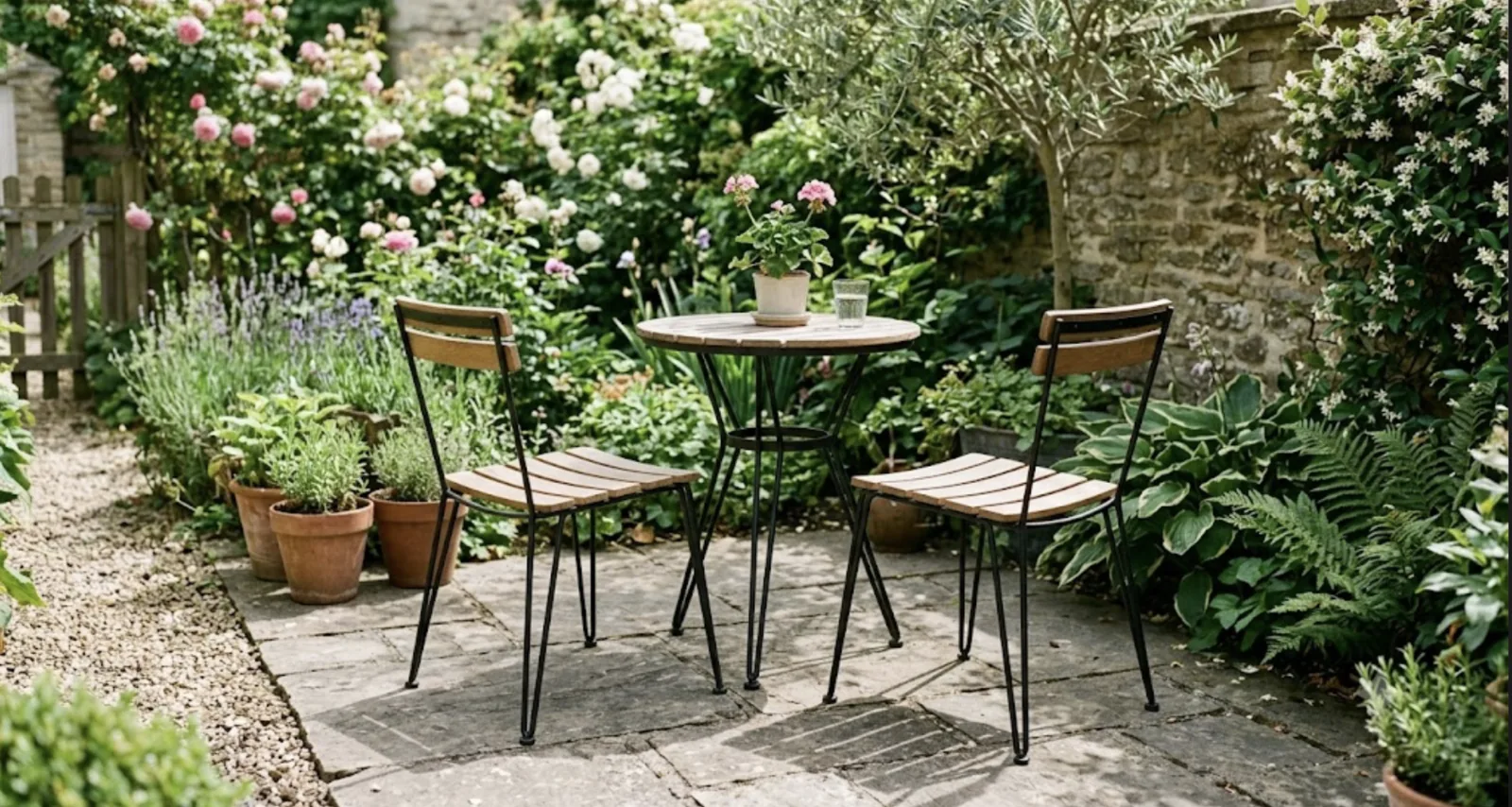 slim-legged metal and wood chairs on a small stone patio, light passing underneath