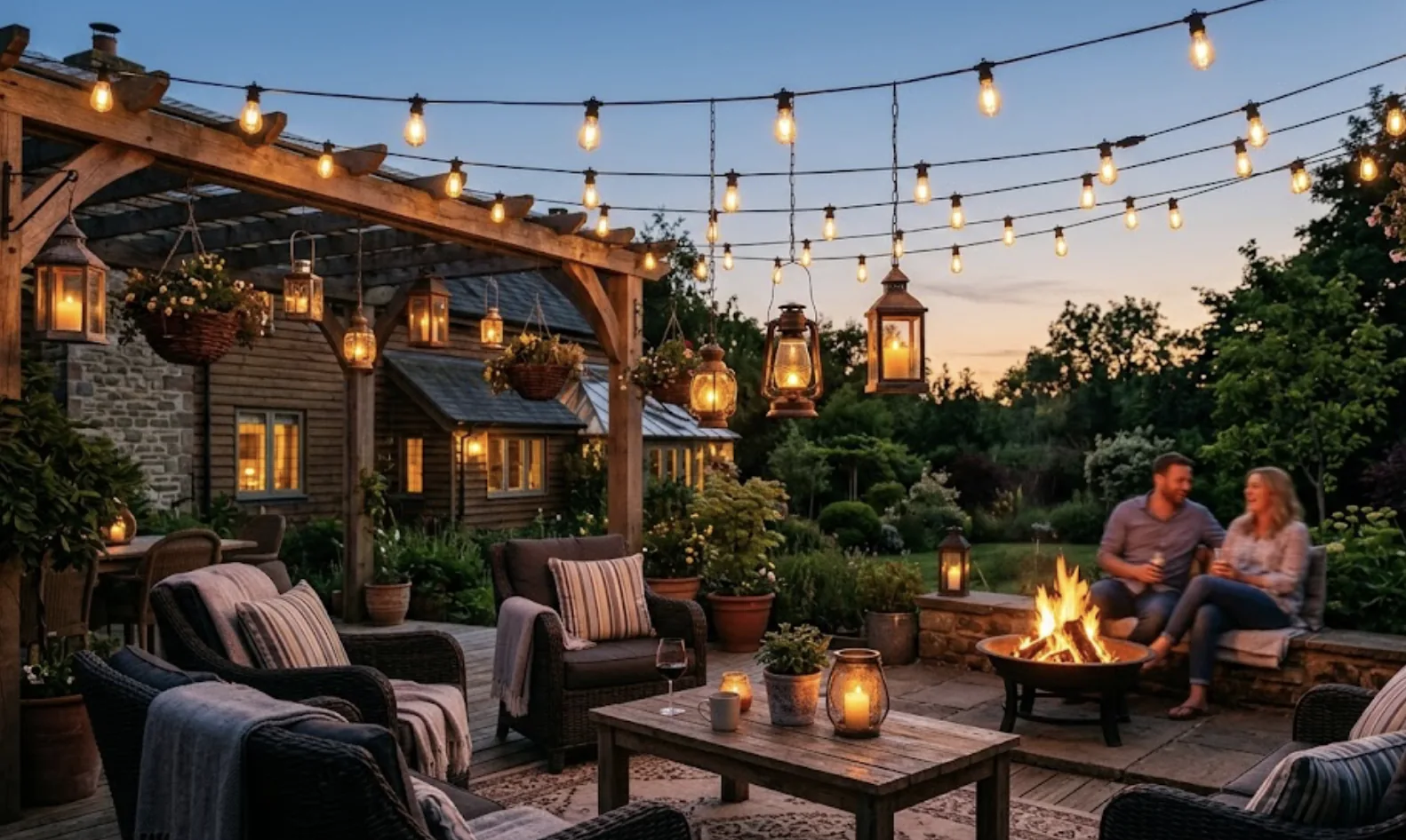 warm amber string lights over patio with lanterns glowing at early dusk