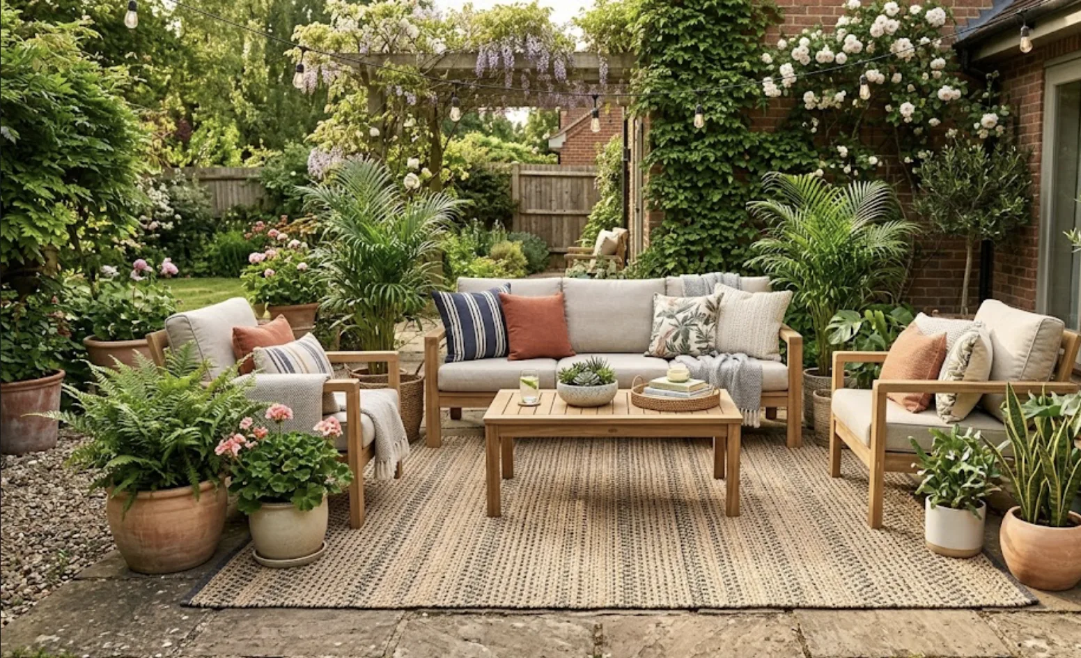 Garden patio with a large woven natural-tone outdoor rug anchoring a teak conversation set styled with striped and terracotta pillows