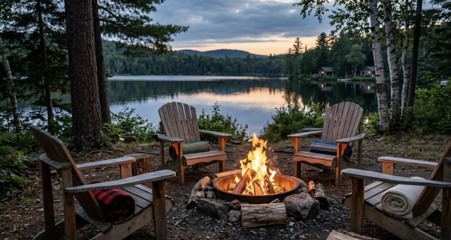 Adirondack chairs circling a fire, each with a rolled blanket on the arm