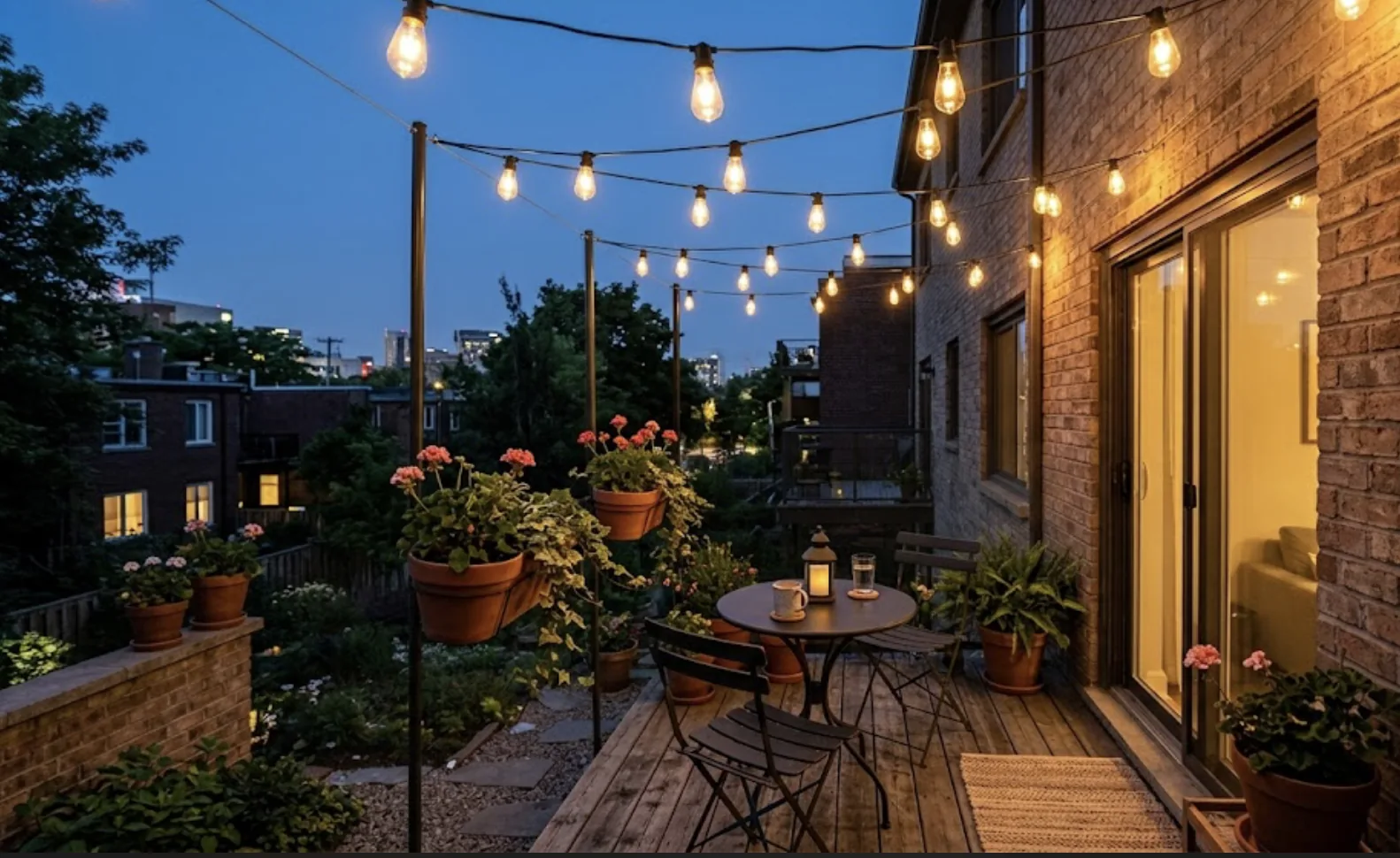 string lights zigzagged overhead across a narrow patio at twilight