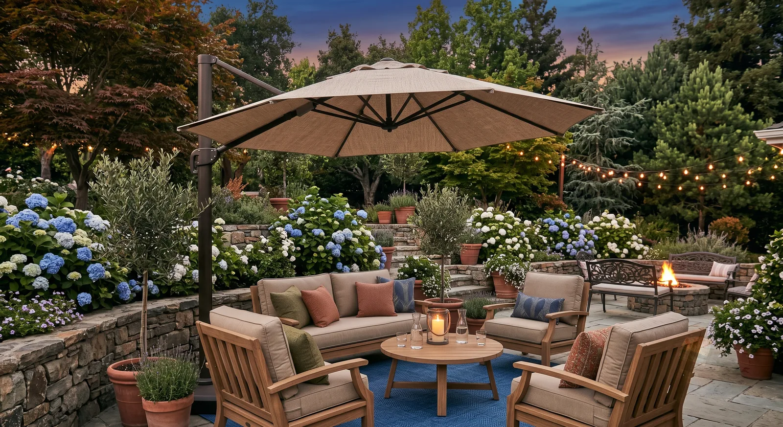 Tan cantilever umbrella shading a wood patio conversation set surrounded by blue and white hydrangeas