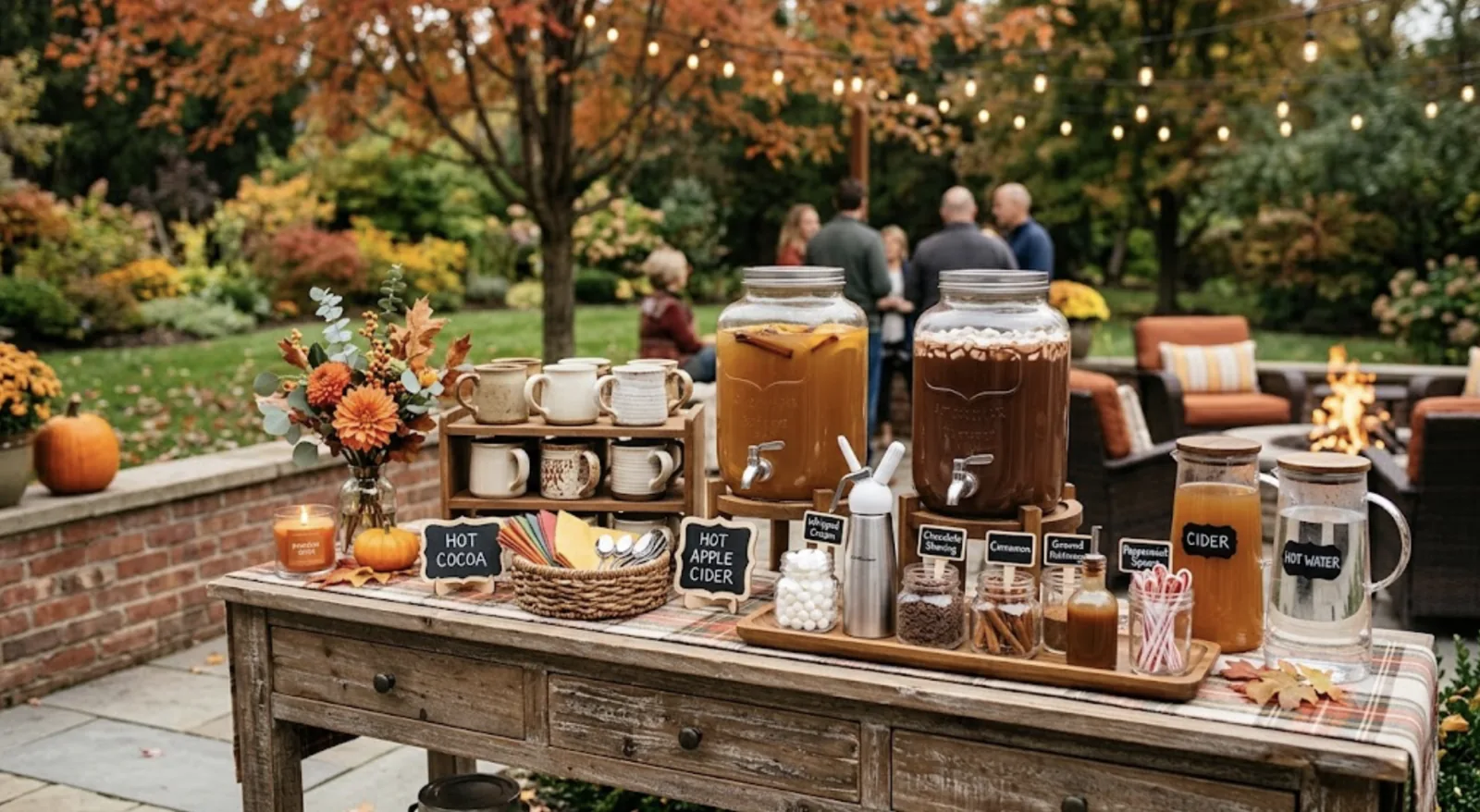 outdoor console table set up as a cider and cocoa bar with carafes, mugs, and toppings