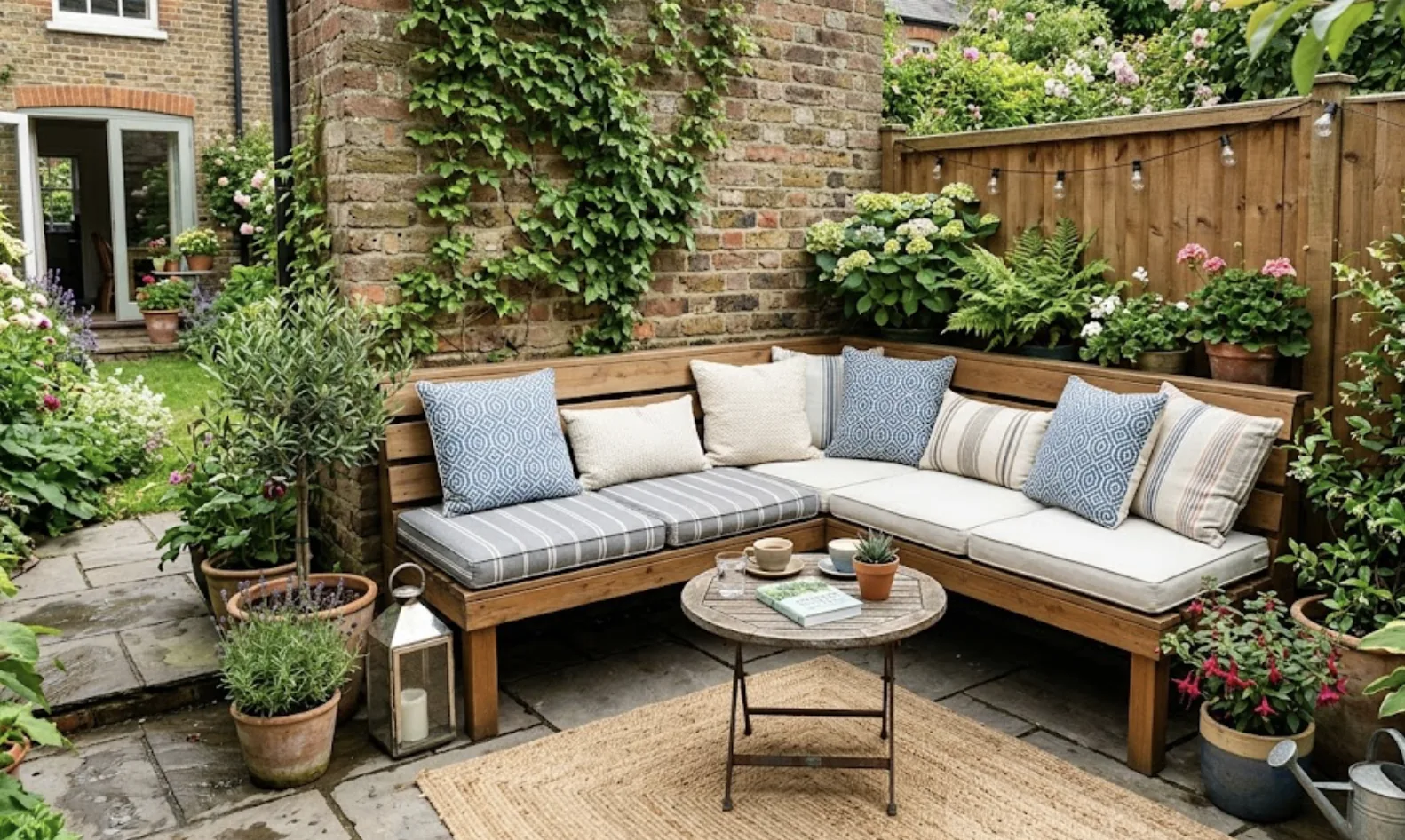 L-shaped outdoor bench with cushions tucked into a patio corner with a small table
