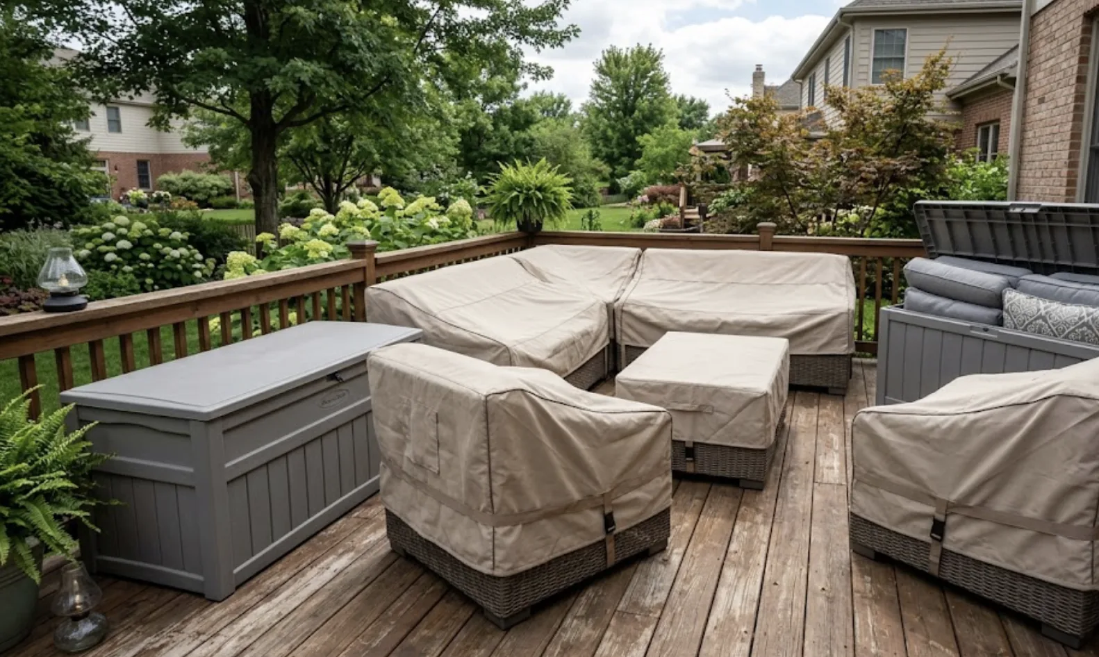furniture covers on a lounge set with cushions stored in a deck box