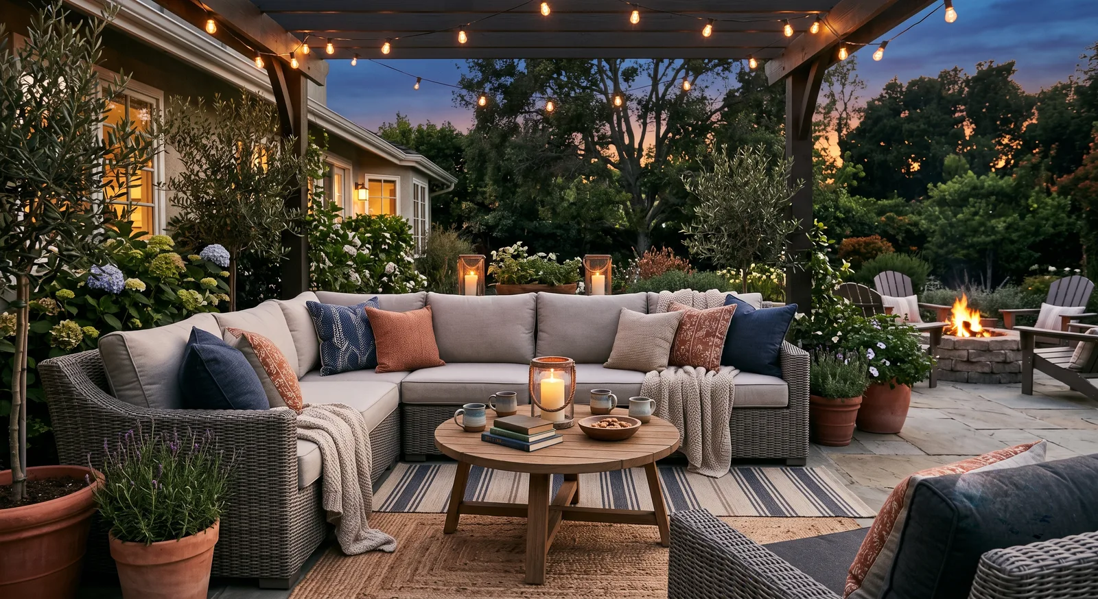 Gray wicker outdoor sectional with navy and rust throw pillows arranged around a round wood coffee table under a pergola with string lights