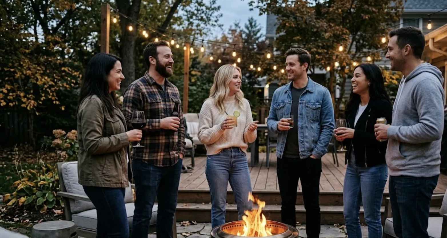 friends gathered around a fire pit at dusk with blankets, string lights, and a cider station in a fall backyard