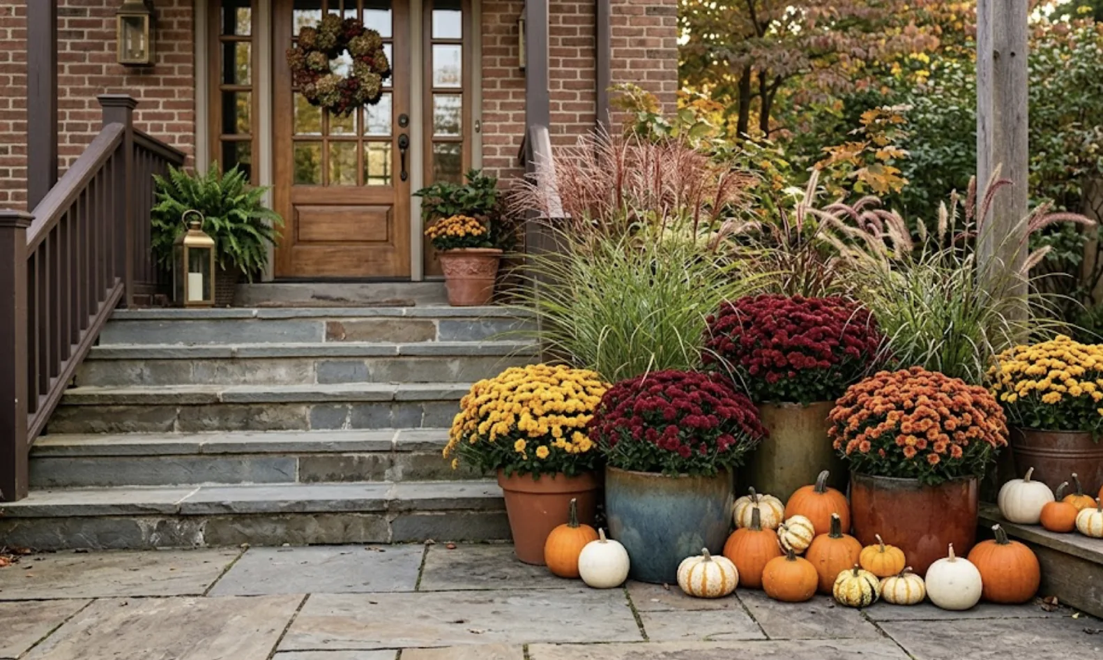grouped planters with mums, ornamental grasses, and small pumpkins by patio steps