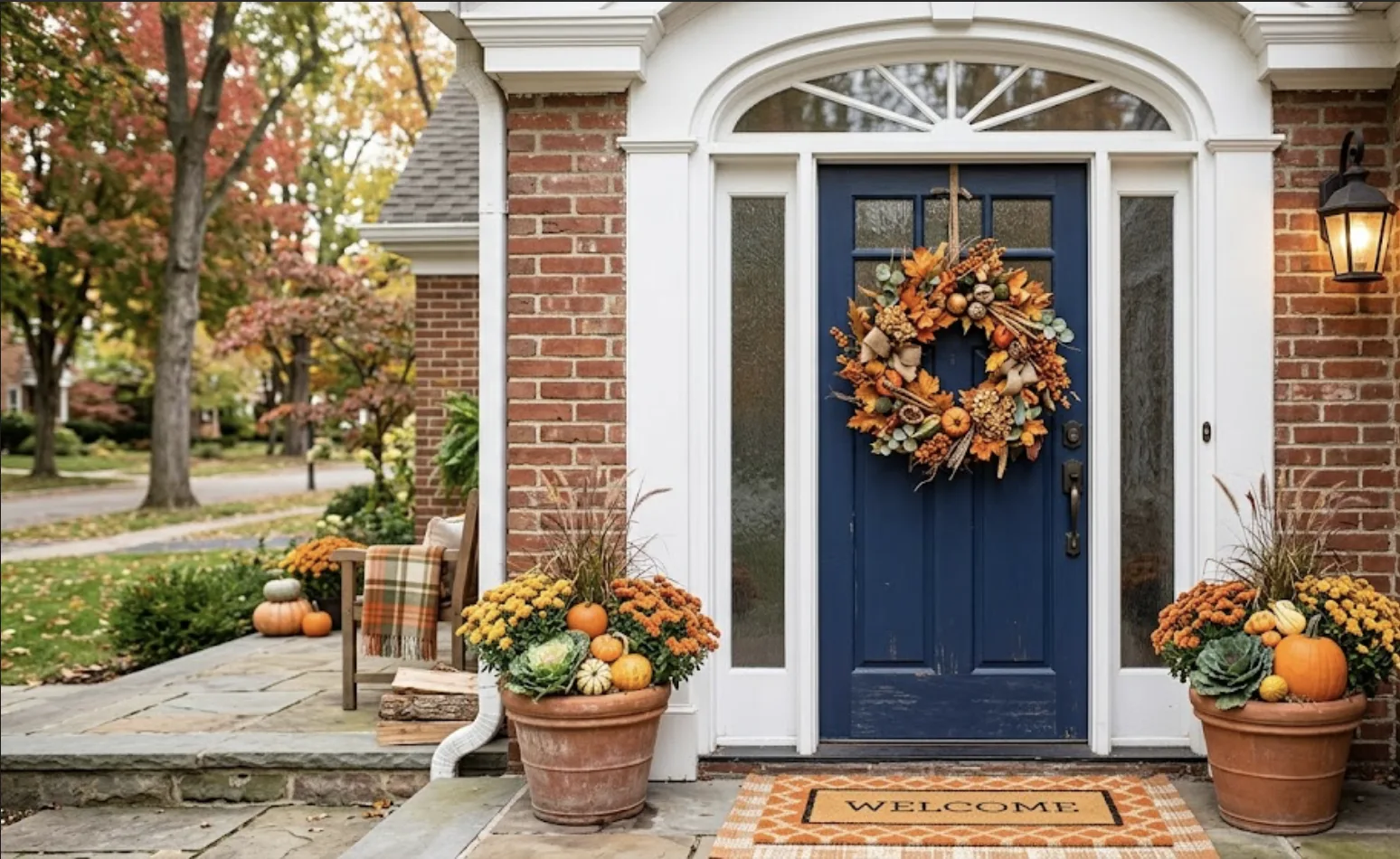 Autumn wreath of orange leaves, berries, and wheat on a navy front door framed by brick, with terracotta planters of mums and ornamental kale on either side