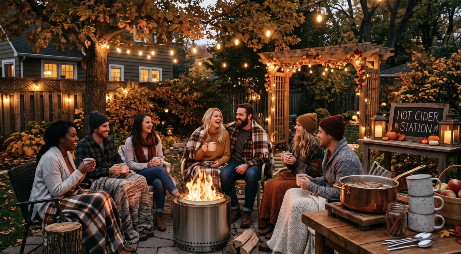 group seated in a circle around a smokeless fire pit with drinks in hand