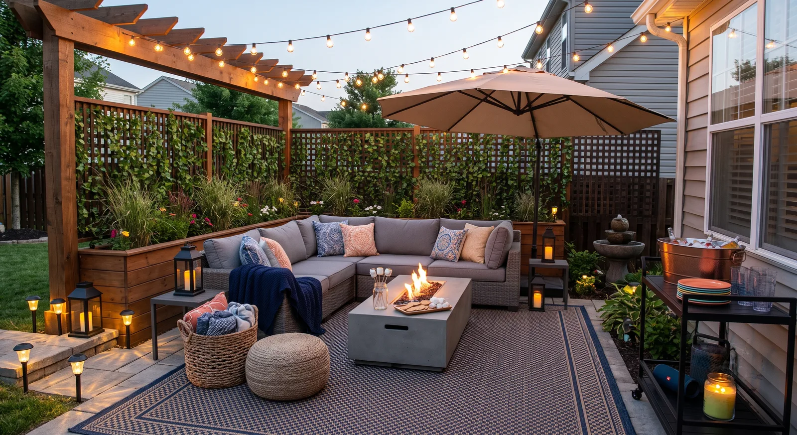 Backyard patio at dusk with a gray sectional, fire table, string lights over a pergola, cantilever umbrella, ivy privacy screens, and a bar cart