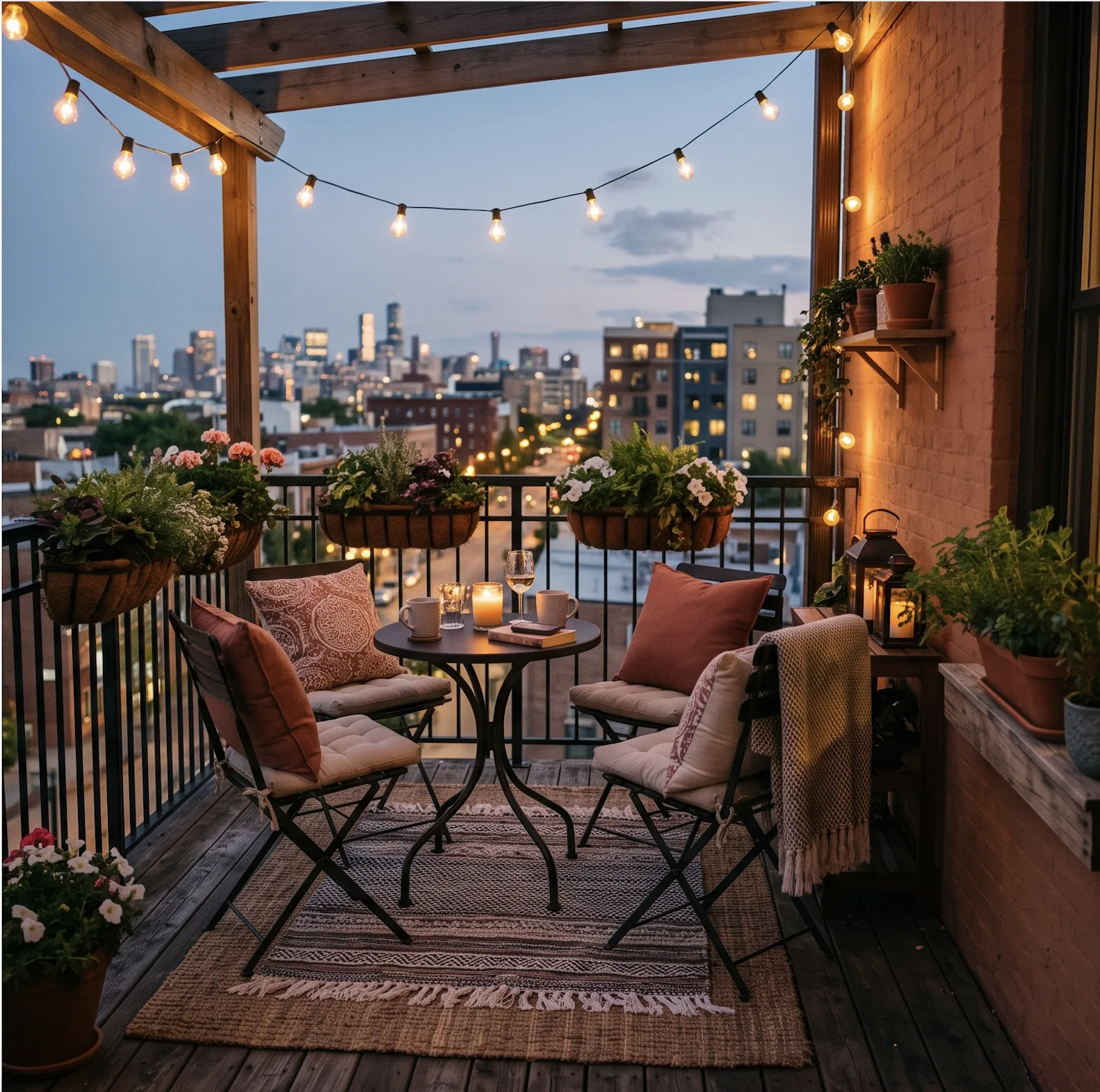 City balcony at dusk with folding bistro chairs, terracotta pillows, string lights overhead, railing planters, and a layered rug with skyline views
