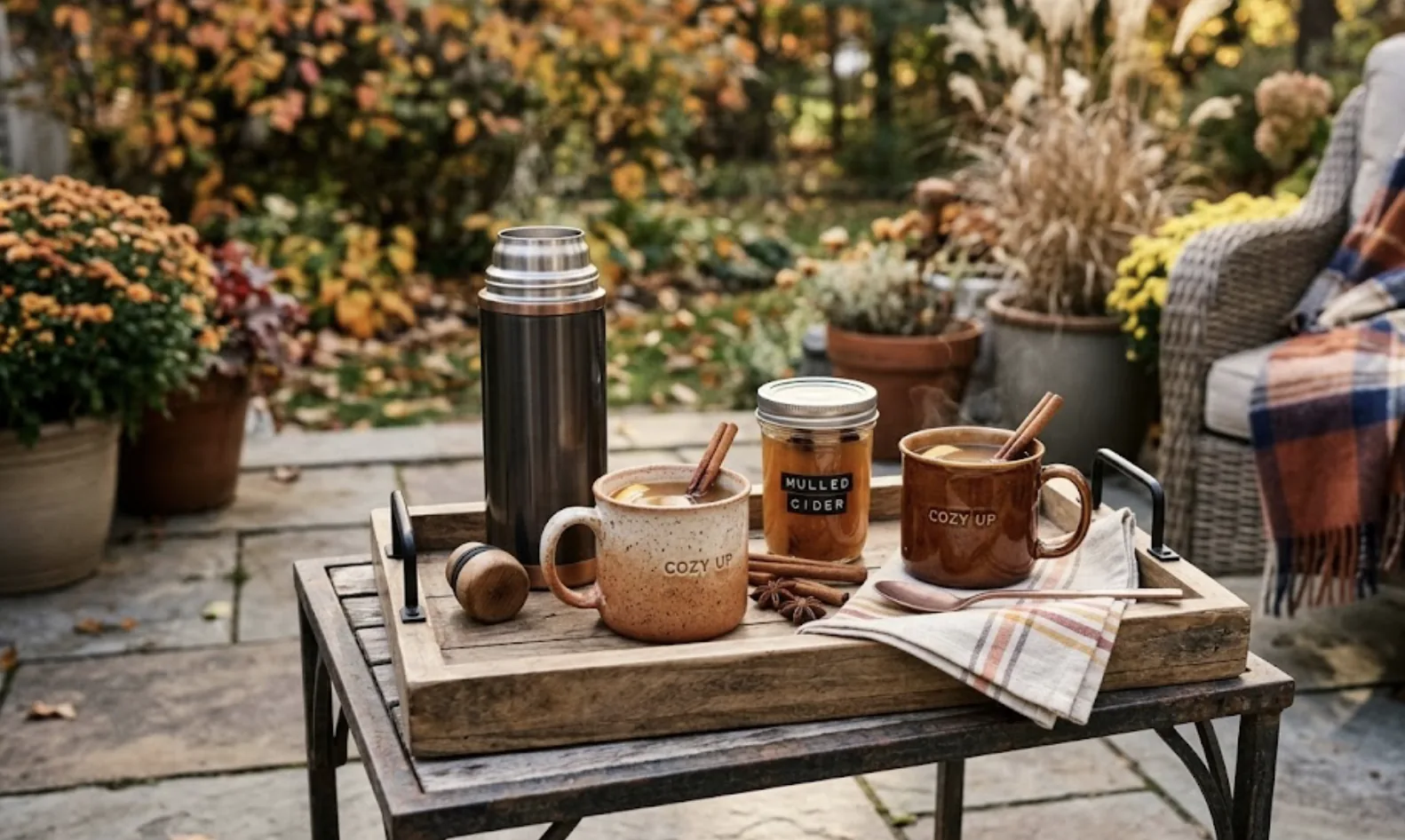 tray with thermos, mugs, cider, and cinnamon sticks on a patio side table