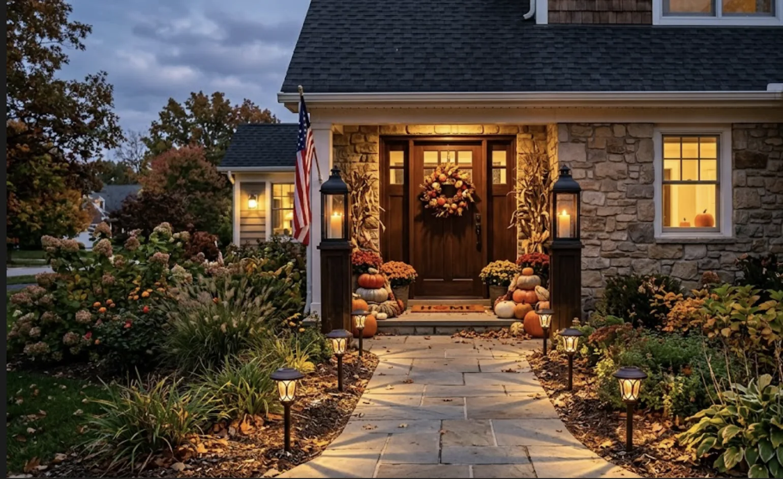 Welcoming stone-front home at dusk decorated for fall, with glowing candle lanterns flanking the door, a lit autumn wreath, stacked pumpkins and mums on the steps, and solar path lights lining the walkway