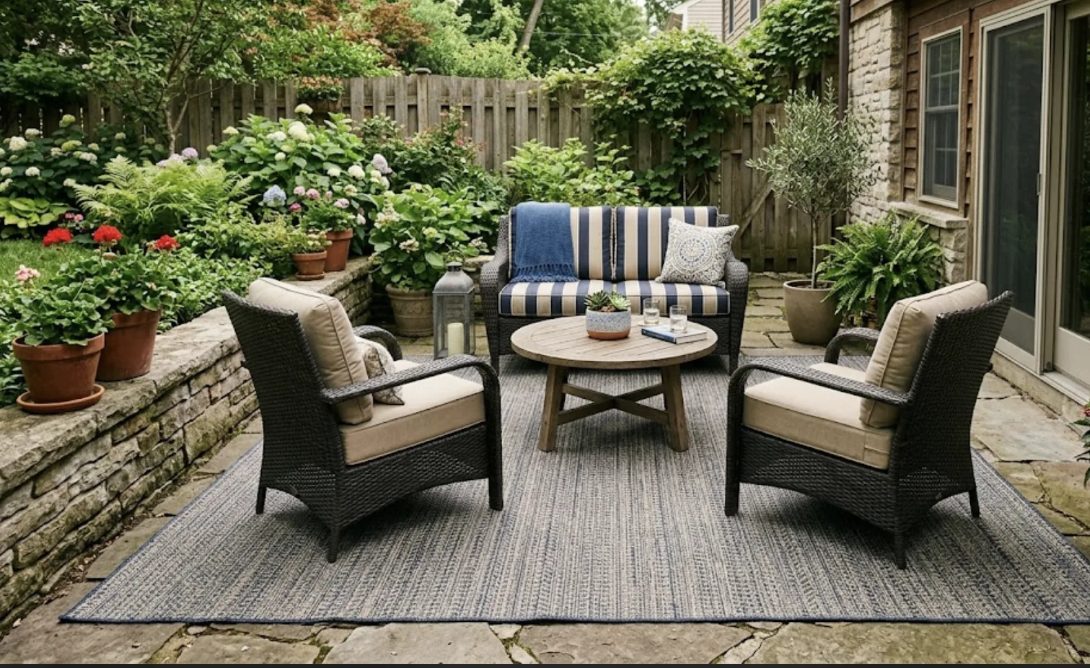 single large outdoor rug covering most of a small patio floor under furniture
