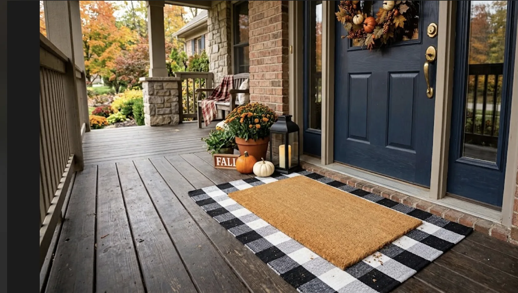 Natural coir doormat layered over a black-and-white buffalo check rug at a navy front door, with mums, pumpkins, a lantern, and a fall wreath