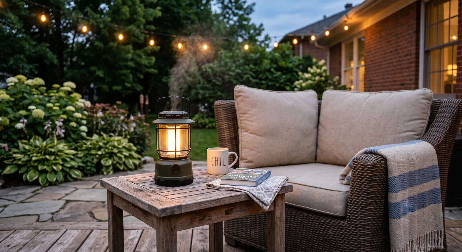 Lantern-style mosquito repeller glowing on a rustic side table beside a wicker loveseat on an evening patio