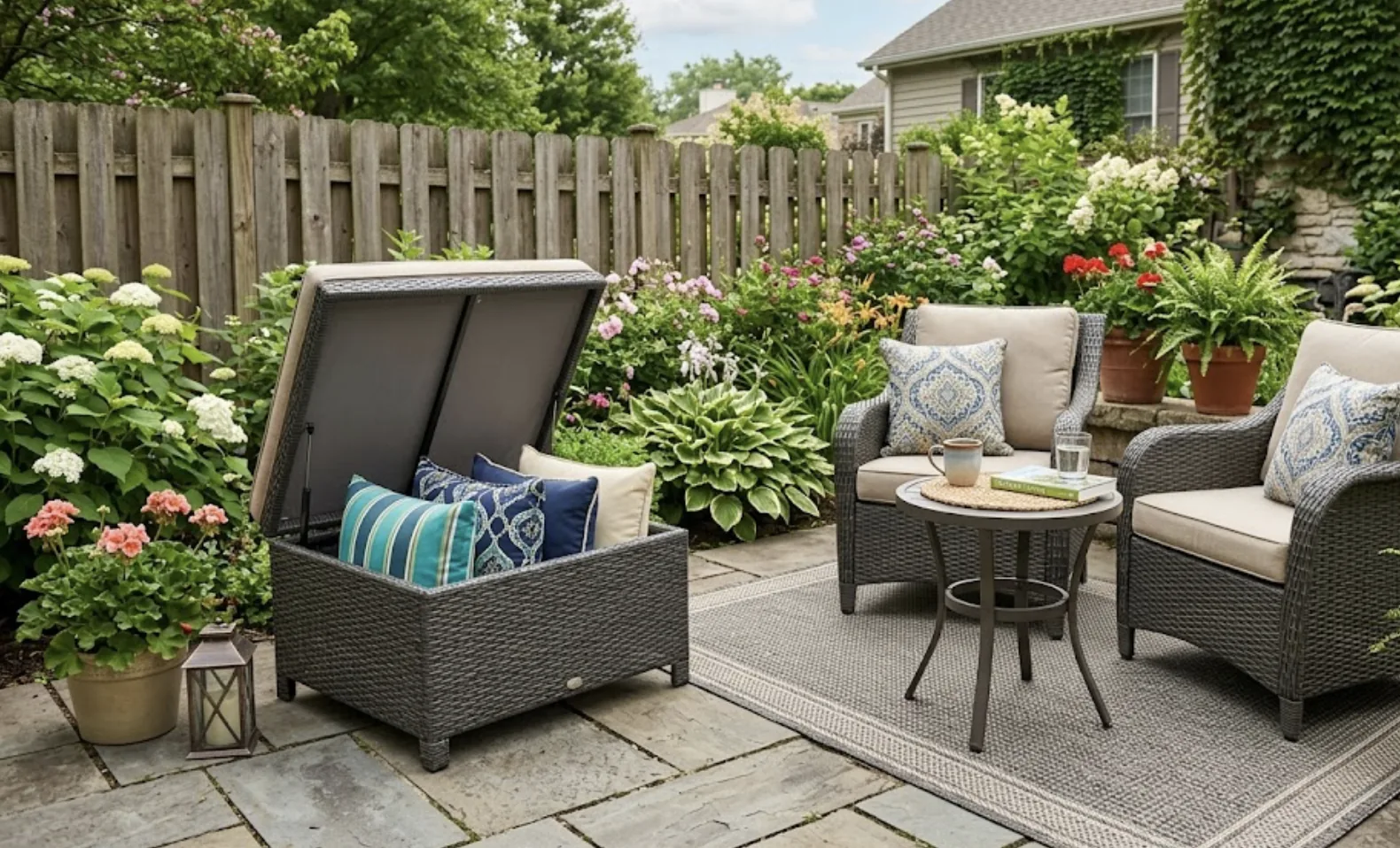 outdoor ottoman opened to show cushion storage beside a small seating area