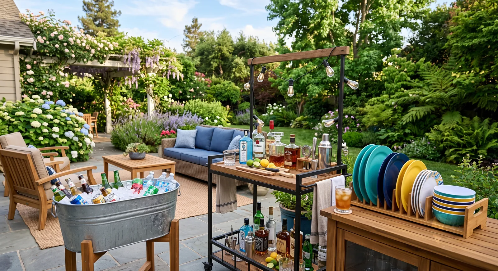 Outdoor bar cart stocked with cocktail supplies next to a galvanized beverage tub full of iced drinks and colorful melamine plates
