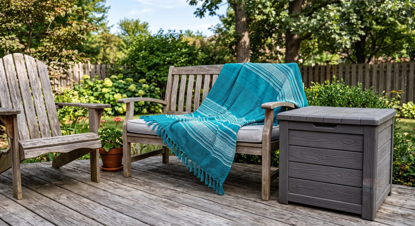 Teal Turkish throw blanket draped over a cushioned wood bench next to a gray deck storage box on a backyard deck