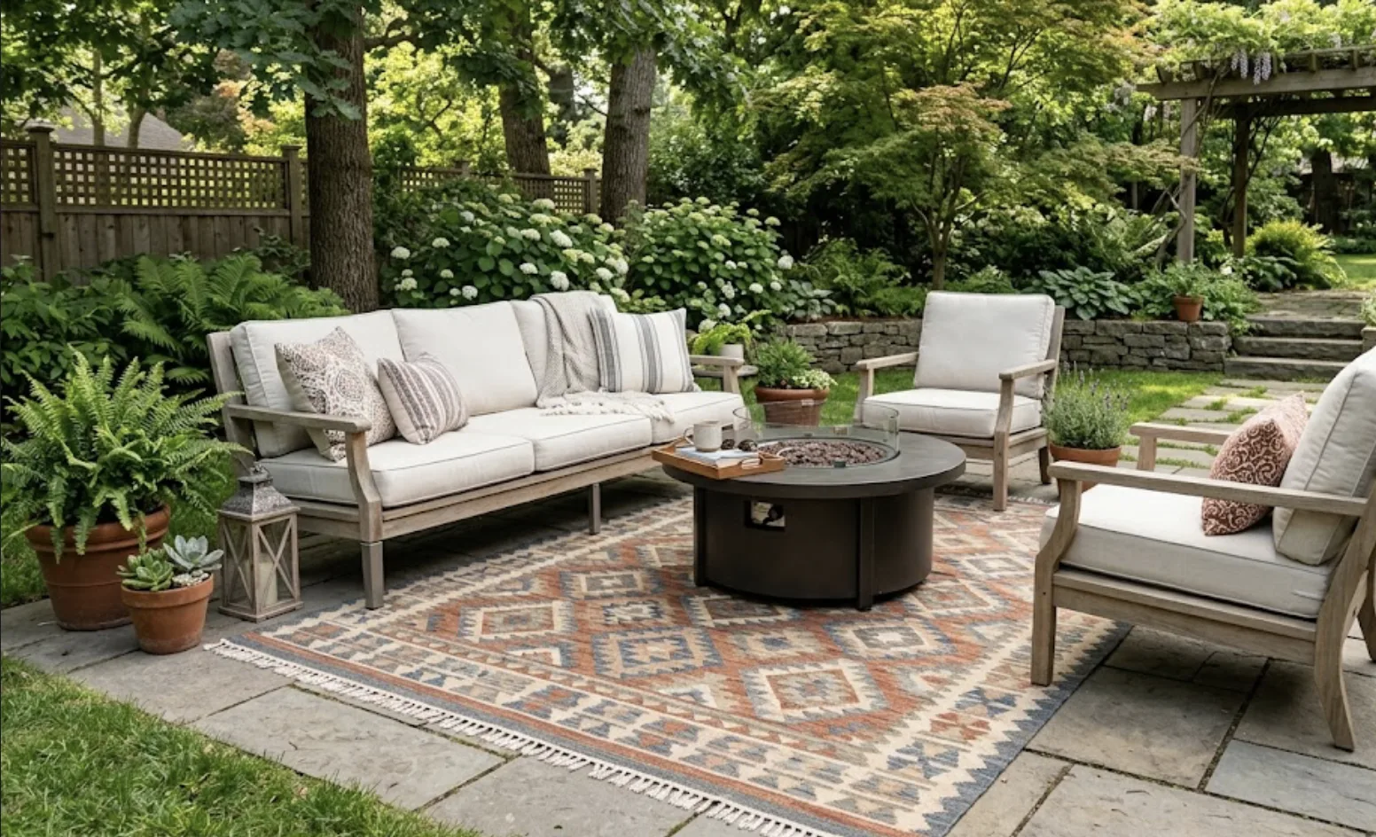 Outdoor living room with a southwestern-patterned 8x10 rug, front legs of the sofa and chairs resting on it around a round fire table