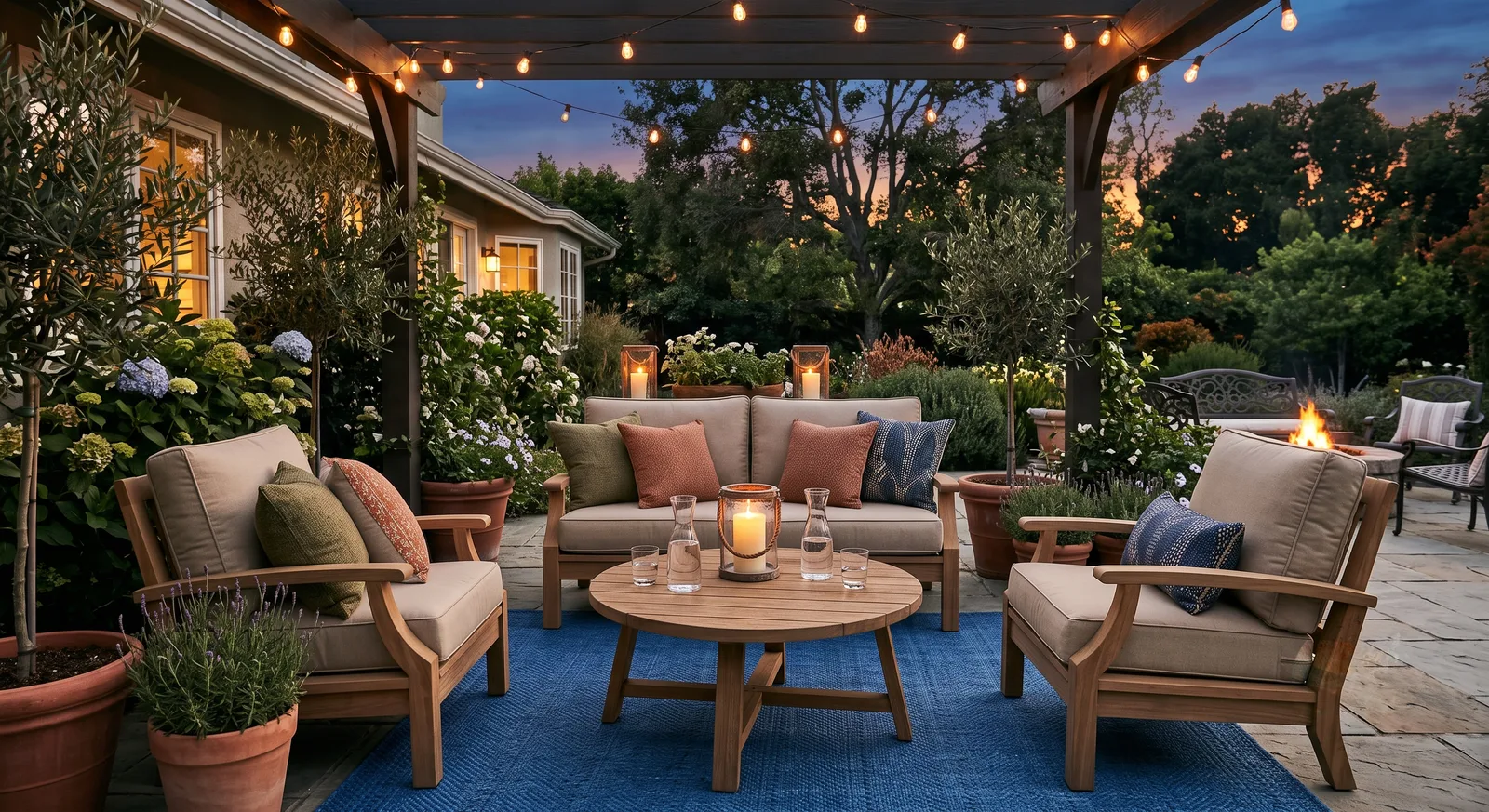 Blue outdoor rug anchoring teak lounge chairs and a round coffee table under a pergola with string lights at dusk