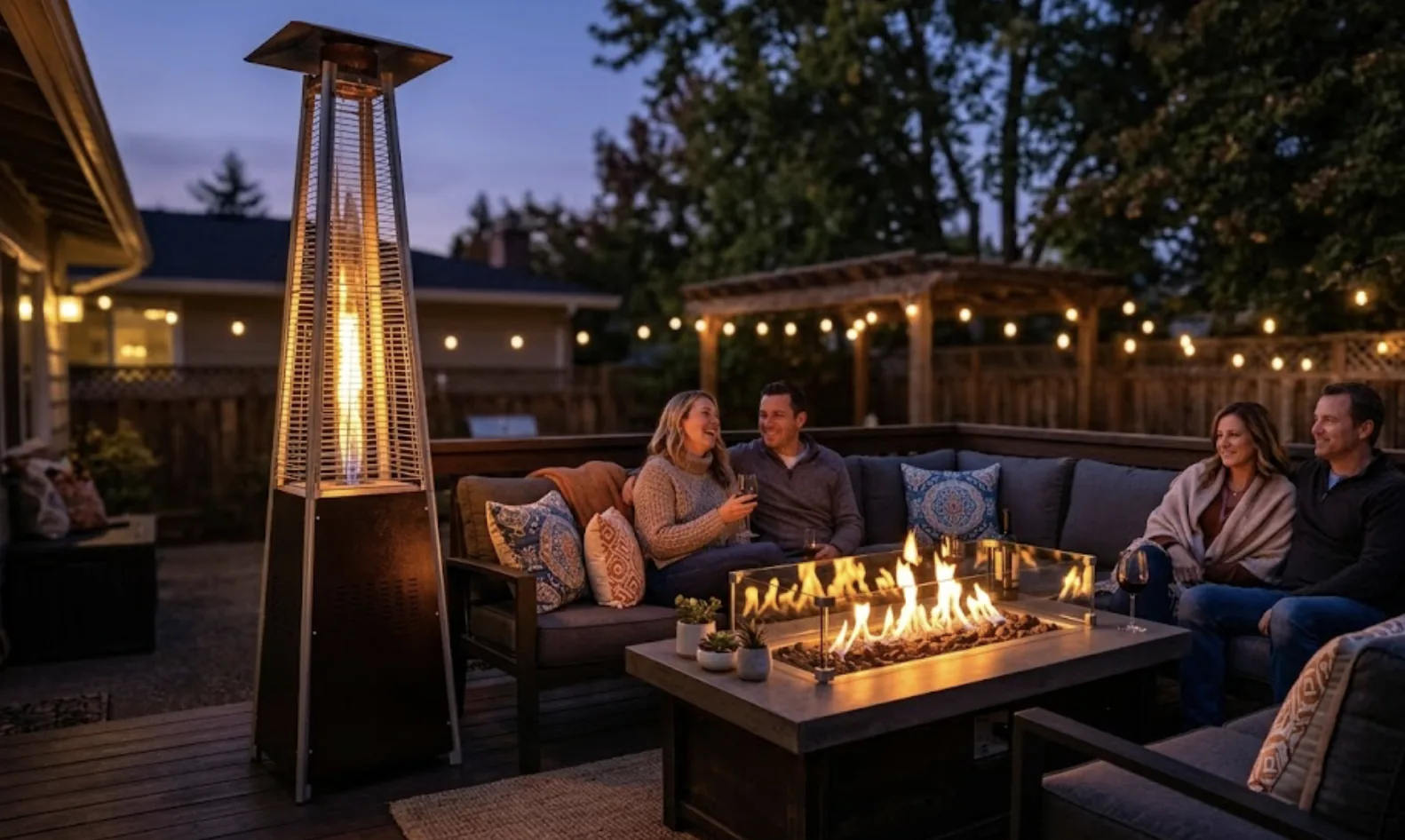 patio heater glowing beside seating area with a fire table burning at dusk