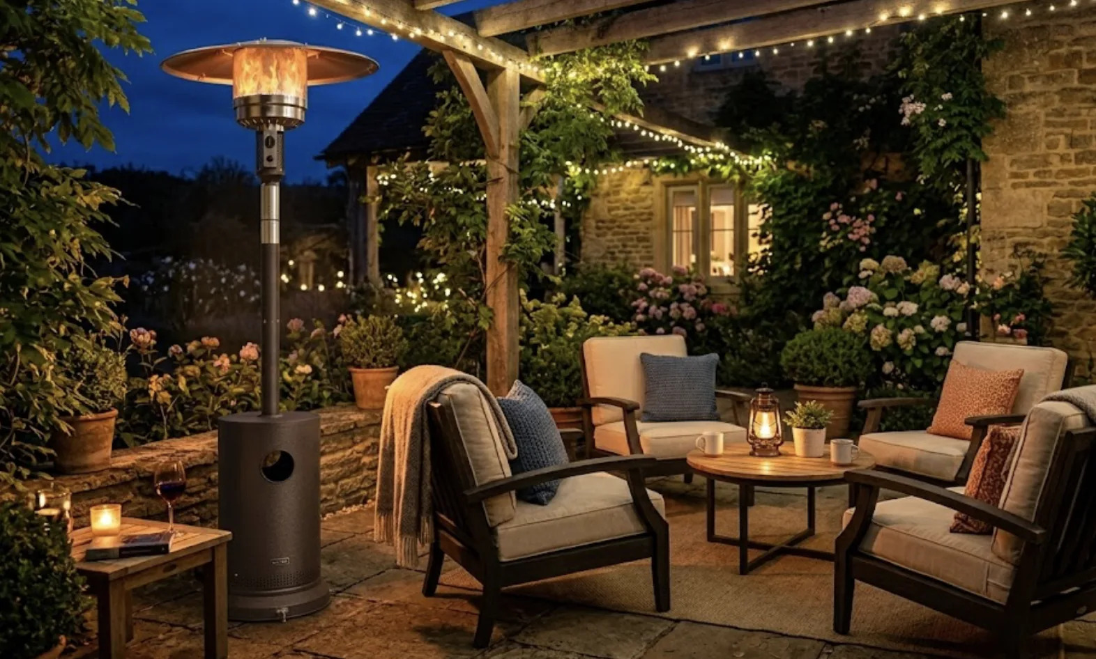 pyramid patio heater glowing near a secondary seating area with cushioned chairs