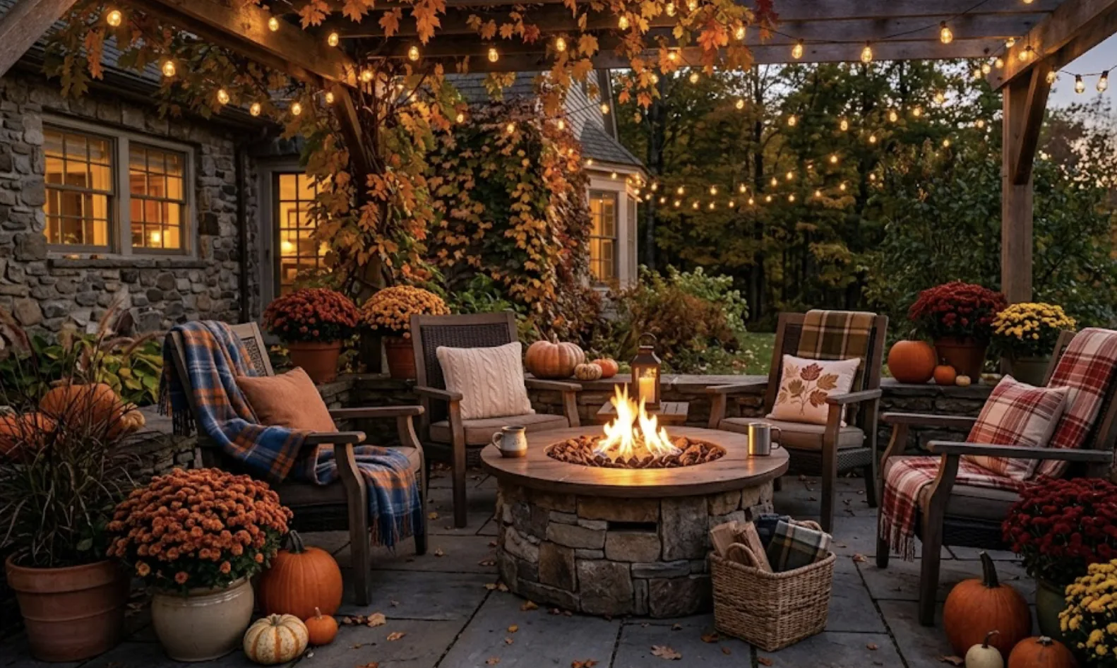 patio seating area with plaid blankets, amber string lights, potted mums, and a lit fire table in early autumn