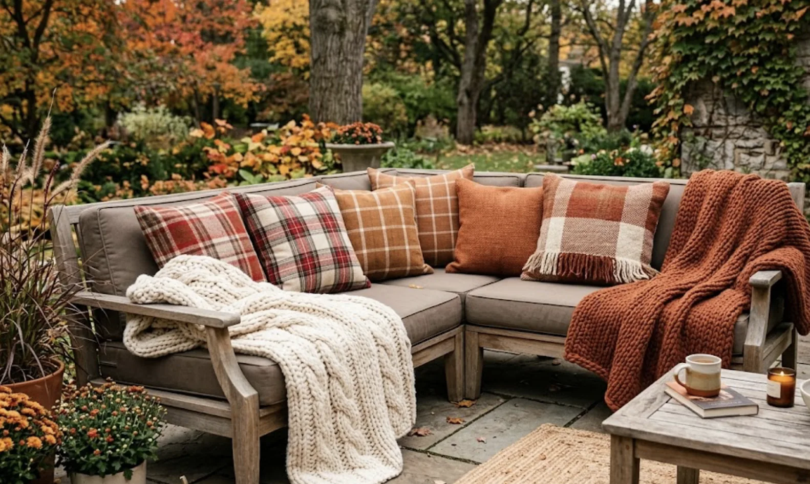 outdoor sofa restyled with plaid and rust-toned pillows and chunky knit blankets