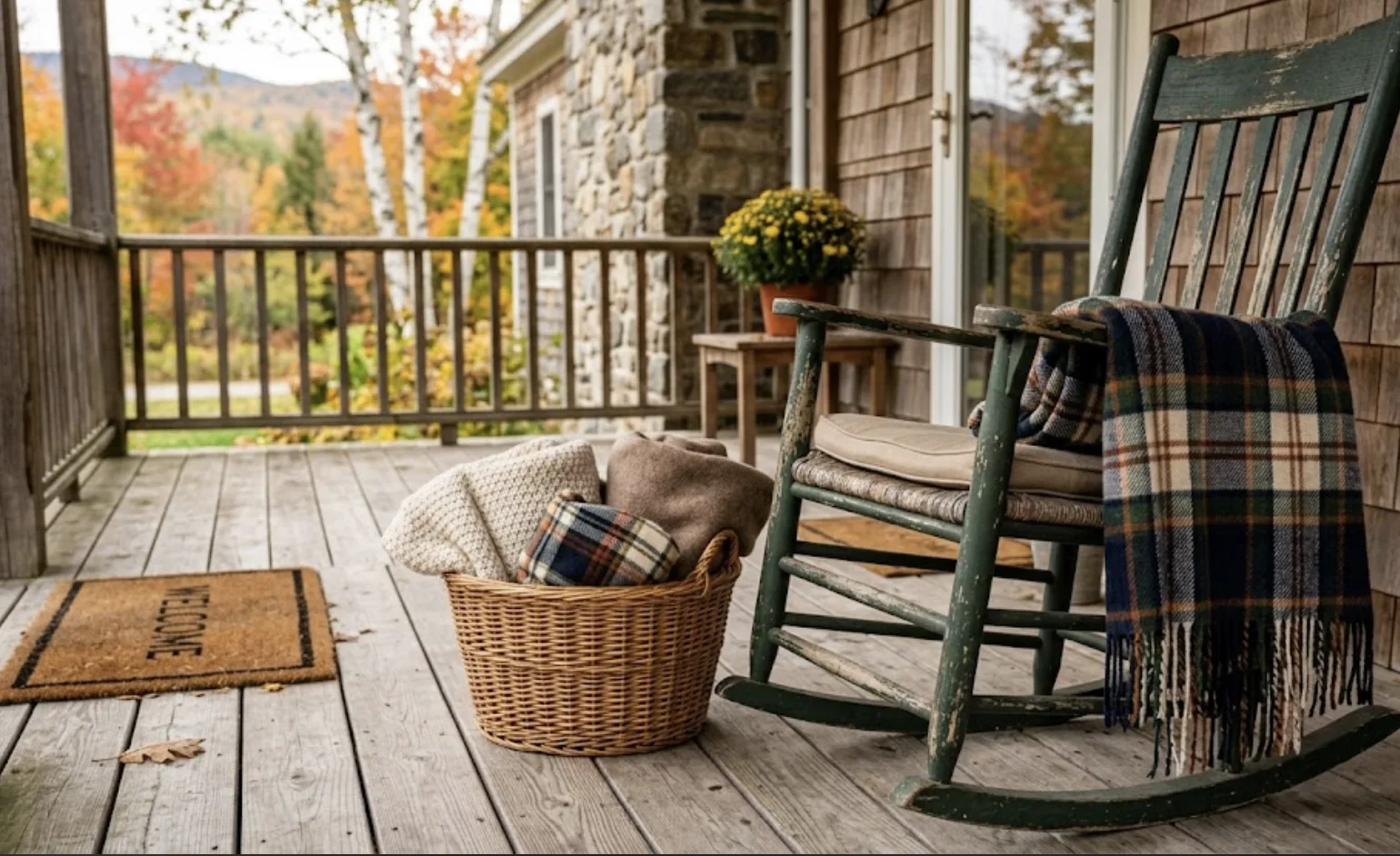 Navy and tan plaid throw draped over a weathered green rocking chair, with a woven basket of extra blankets and a welcome mat on a mountain-view porch