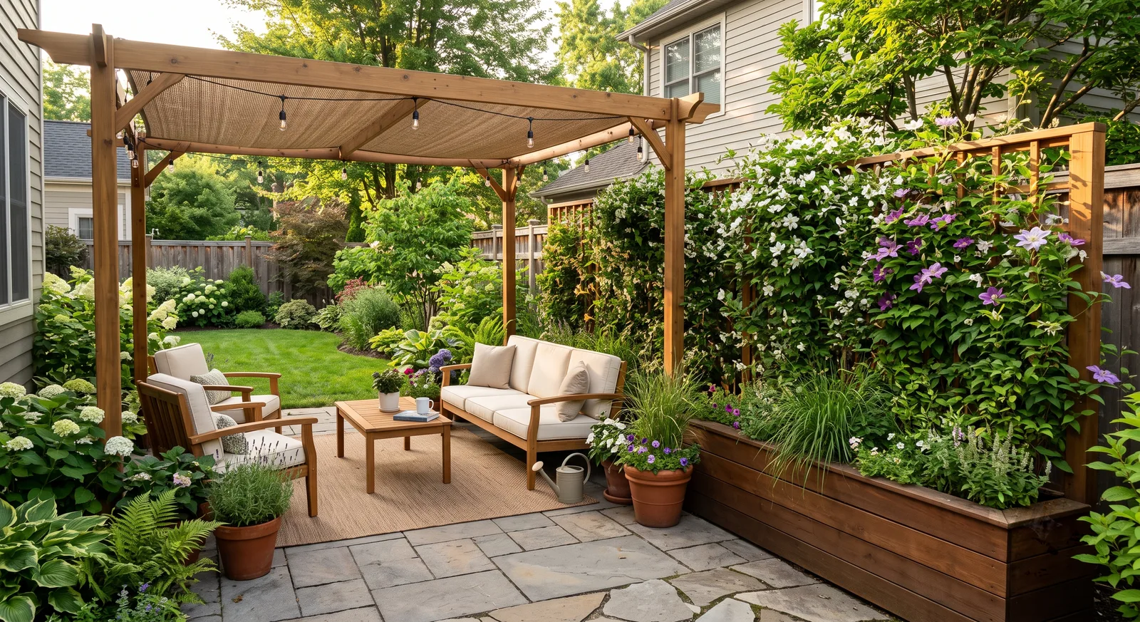 Wooden planter boxes with trellises covered in flowering clematis creating a privacy wall beside a pergola-shaded seating area