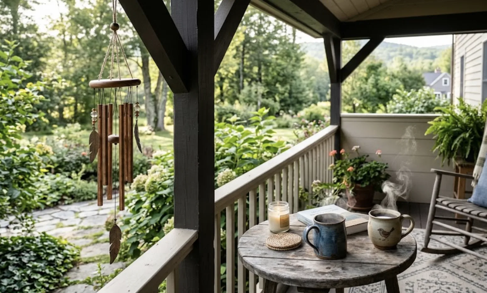 Copper wind chimes hanging at a porch corner beside a rustic table with a lit candle, an open book, and two steaming stoneware mugs overlooking a green garden