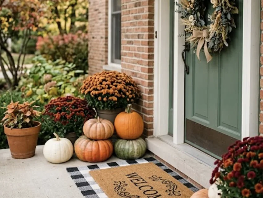 Stacked orange, white, and green pumpkins grouped beside potted mums and ornamental kale on a porch step by a green front door