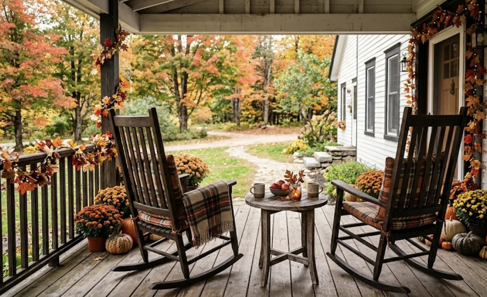 Two dark wood rocking chairs with plaid cushions and a throw flanking a small round table on a fall porch, mums and pumpkins along the railing with autumn trees beyond