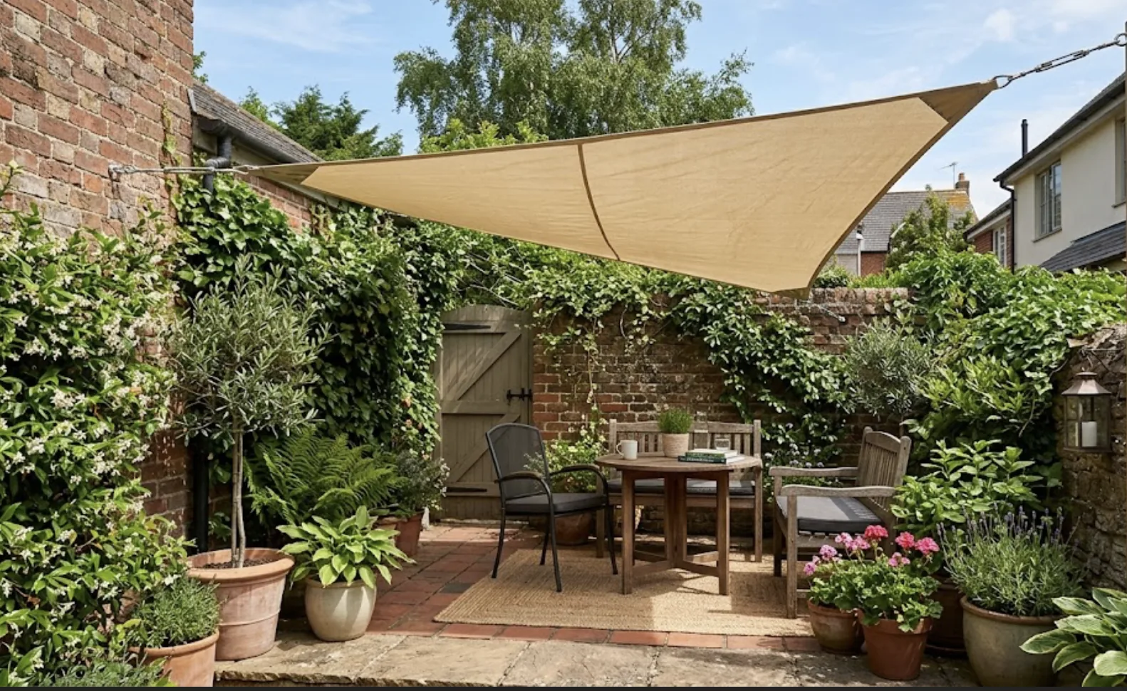 triangular shade sail stretched over a small courtyard patio