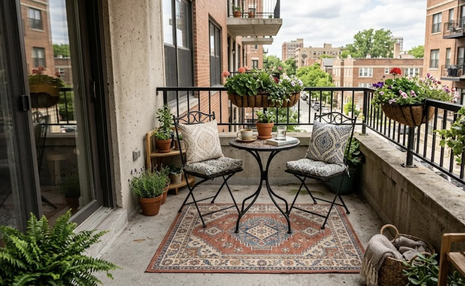 Persian-style rust and blue outdoor rug under a black iron bistro set on a concrete apartment balcony