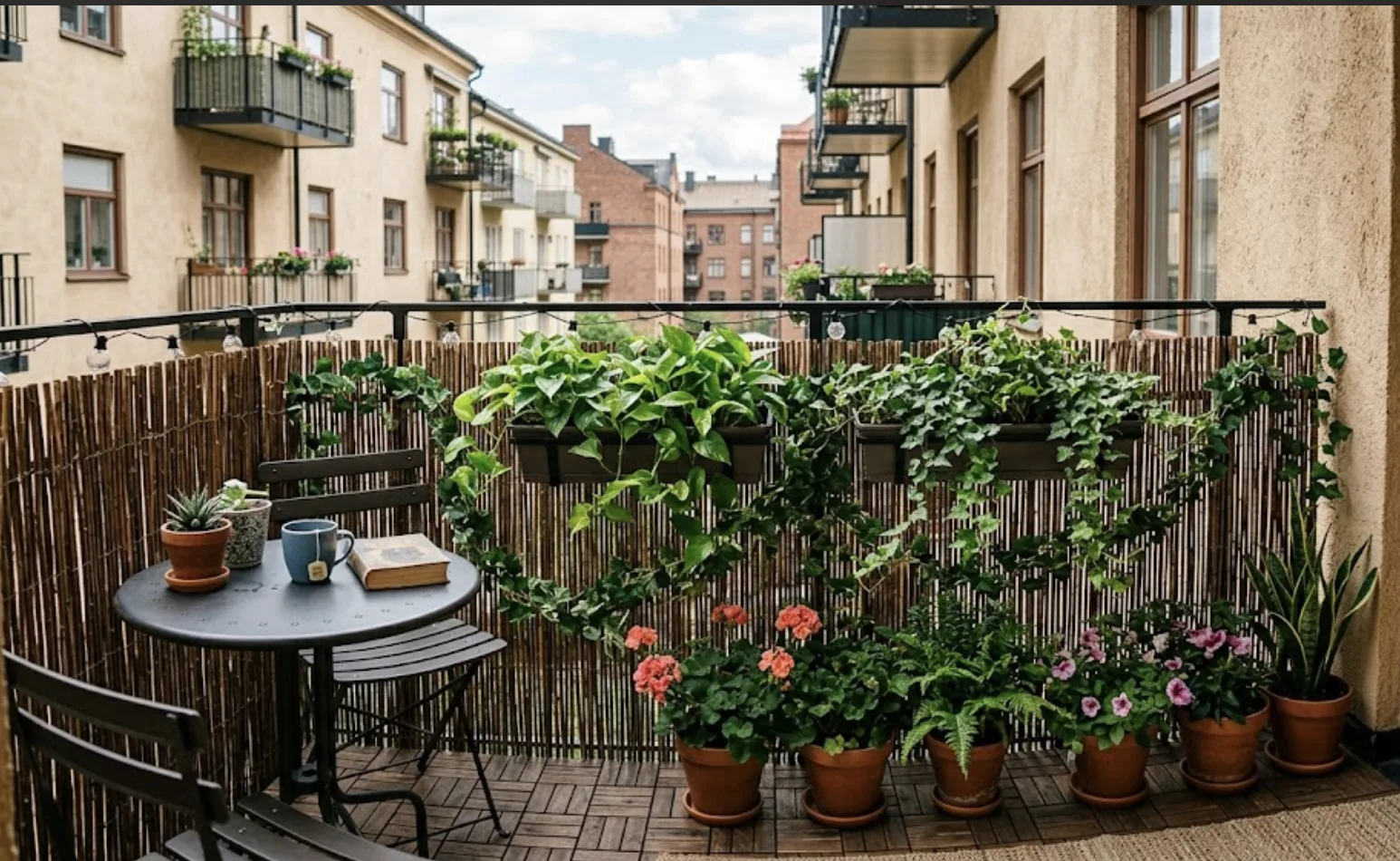 Reed privacy fencing along a balcony railing with hanging planters of trailing pothos and potted geraniums beside a small bistro table