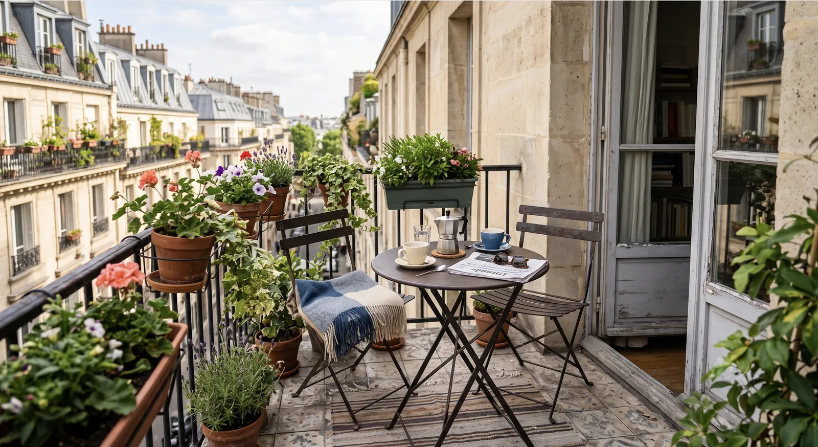 Folding bistro table and two chairs on a narrow apartment balcony with morning coffee and railing flower boxes