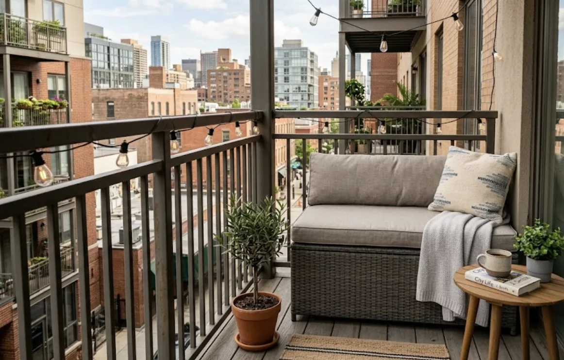 Wicker storage bench with gray cushions, a pillow, and a knit throw on a city balcony next to a small wood side table