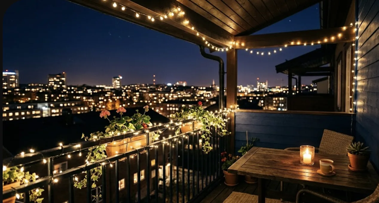 Warm string lights wrapped along a balcony railing and roofline at night with a candle on the table and city lights beyond