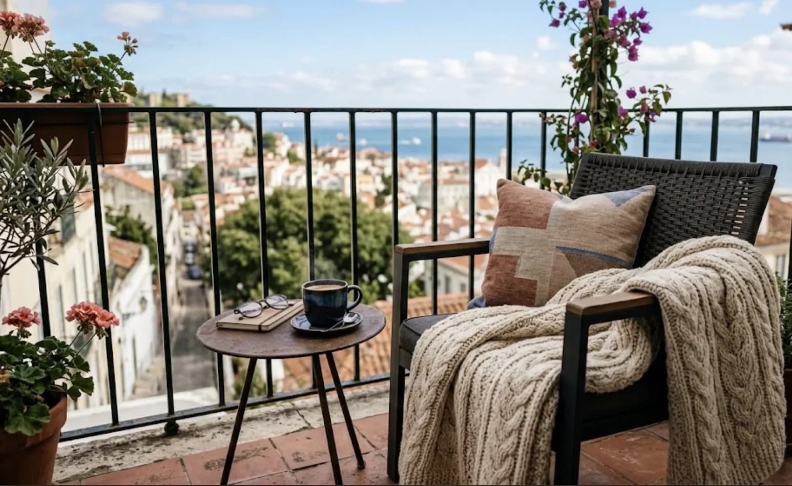 Cable-knit throw blanket and terracotta patterned pillow on a woven balcony chair beside a side table with coffee, overlooking rooftops and the sea