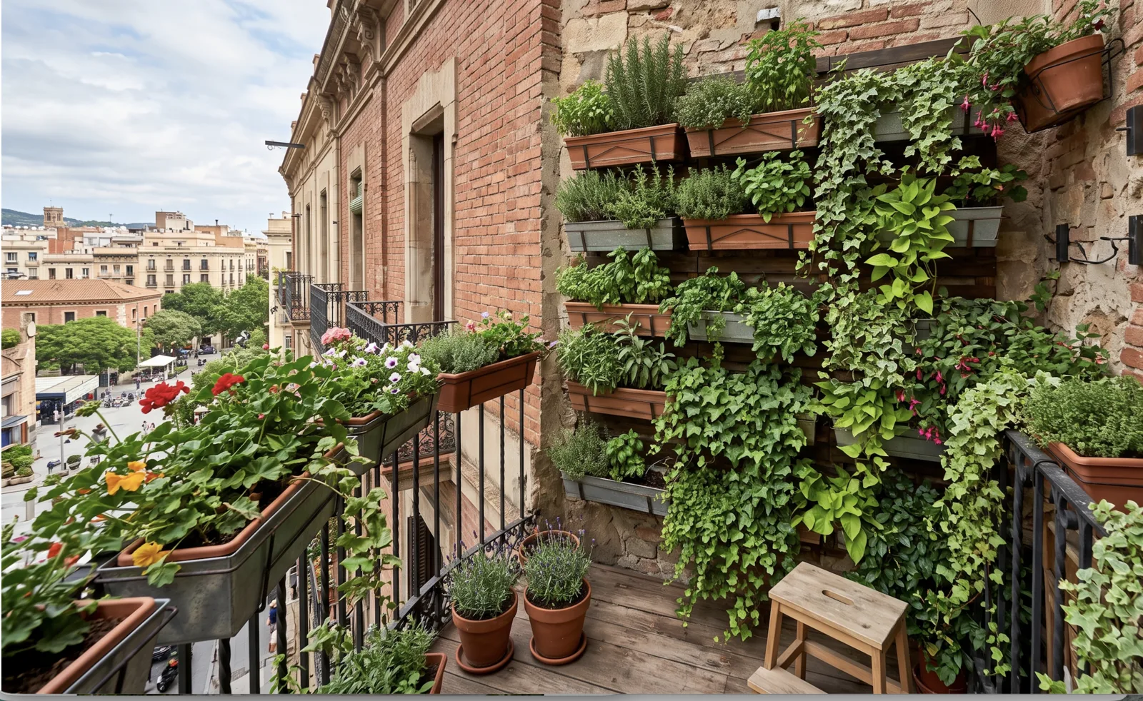Vertical garden wall of tiered planter boxes filled with herbs and trailing ivy on a brick balcony wall