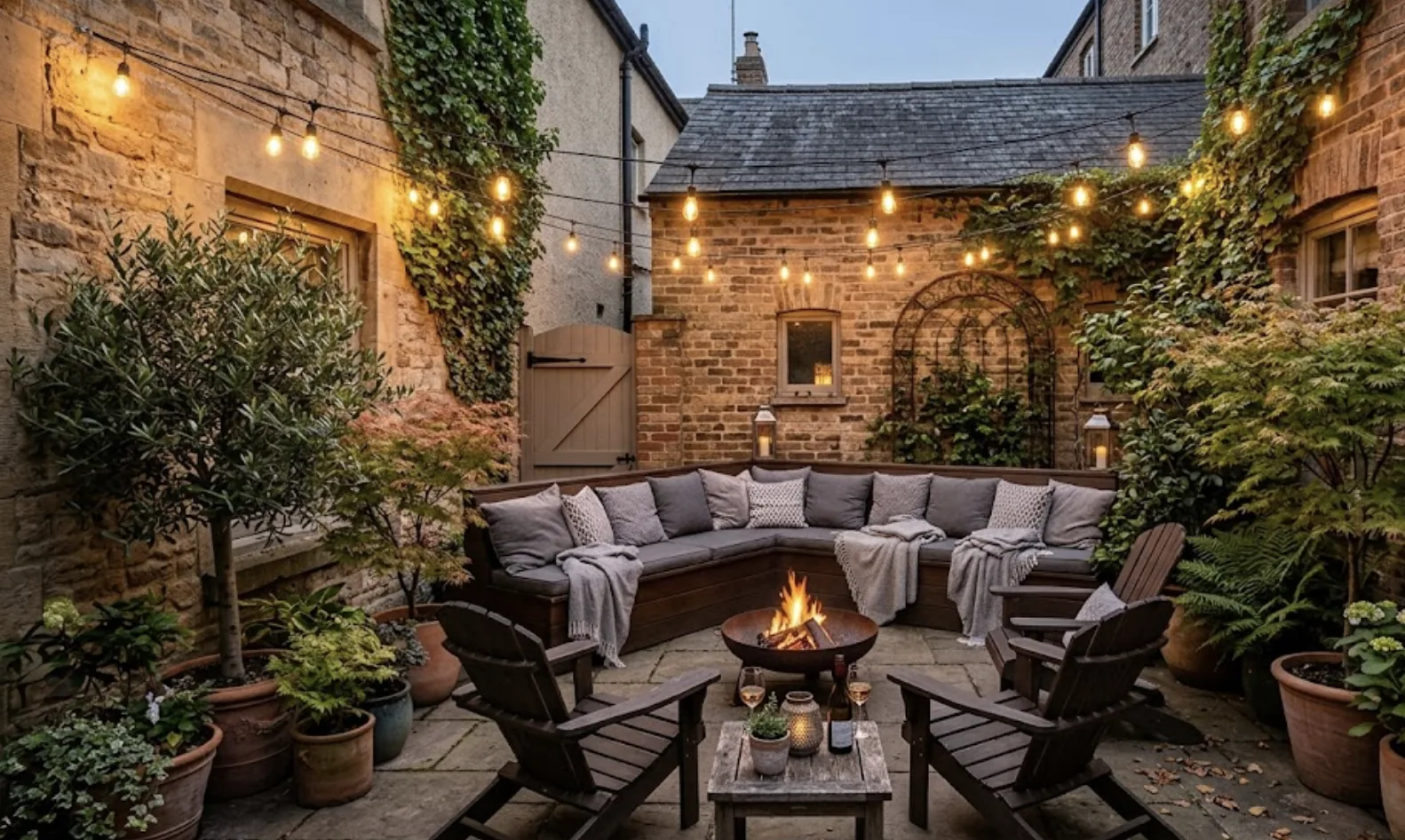 compact courtyard patio with corner bench seating, cafe lights overhead, potted trees, and a small fire bowl
