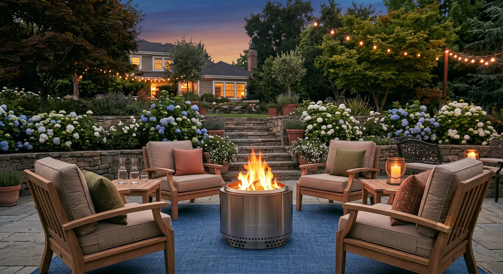 Stainless steel smokeless fire pit burning at dusk, circled by four cushioned wood armchairs on a blue outdoor rug