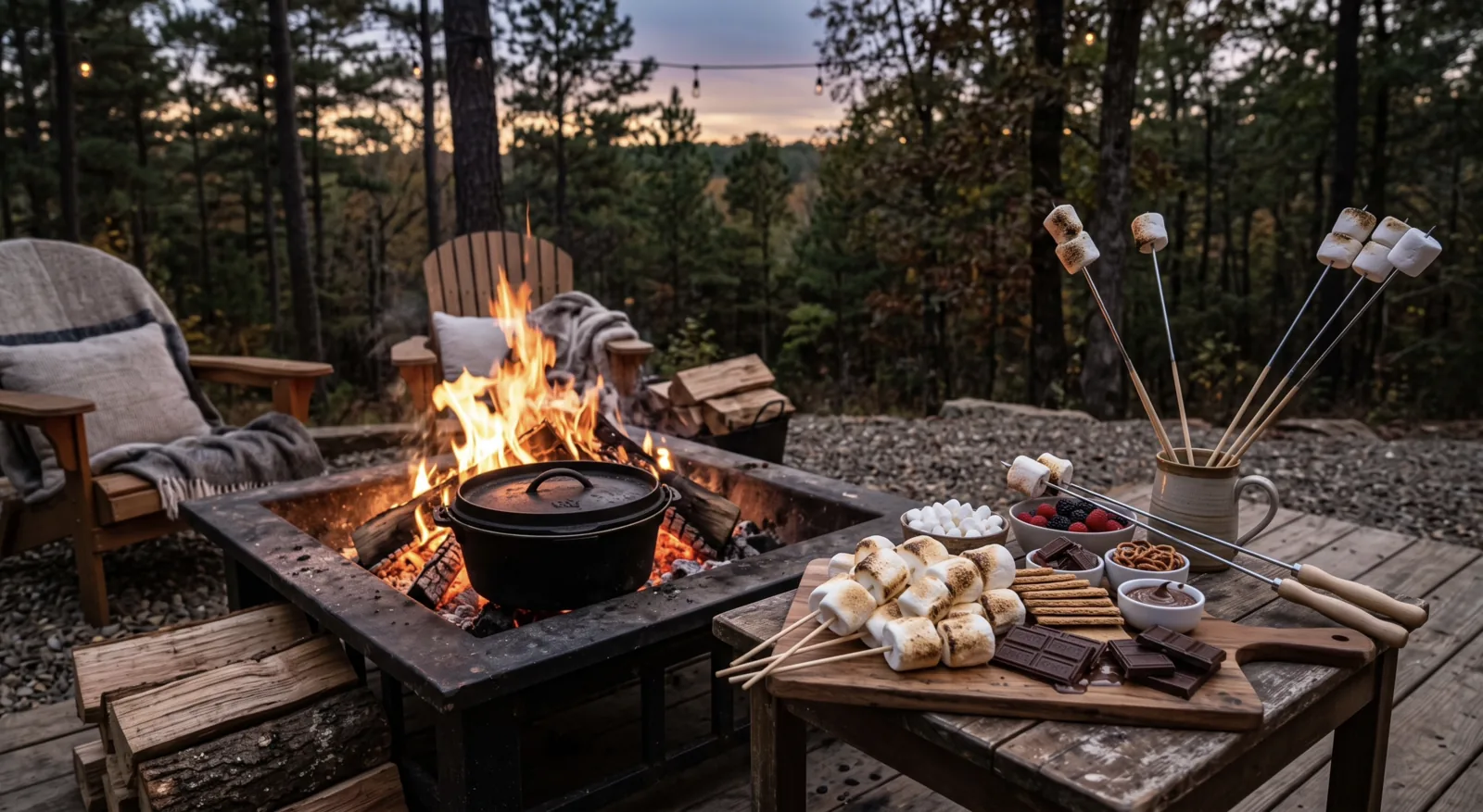 s'mores board with skewers beside a fire pit with a cast iron accessory