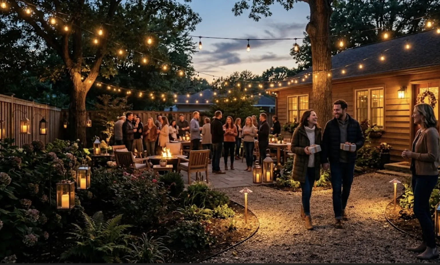 backyard glowing with string lights, path lights, and lanterns as guests arrive at dusk