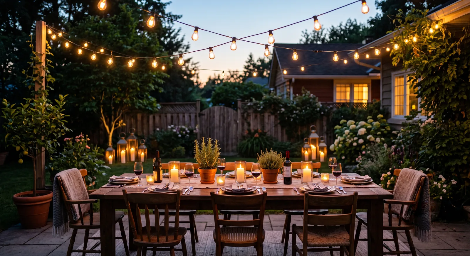 Warm white string lights strung over an outdoor dining table set with candles, with lantern candles glowing in the garden at twilight