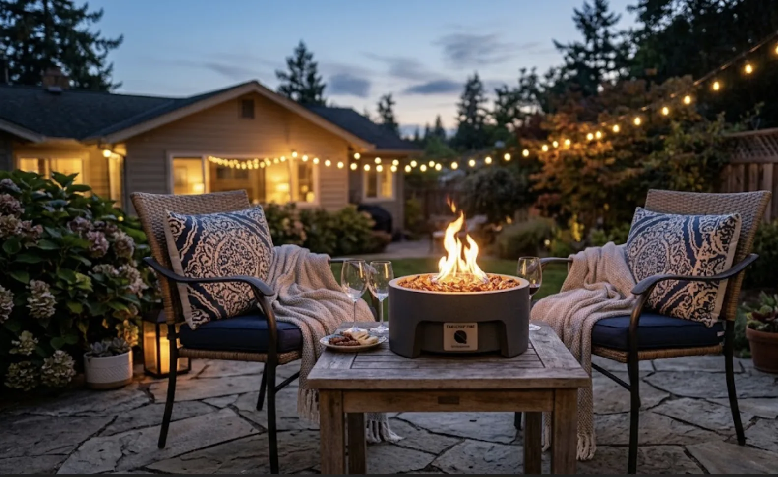 small propane fire bowl on a table surrounded by two chairs at dusk