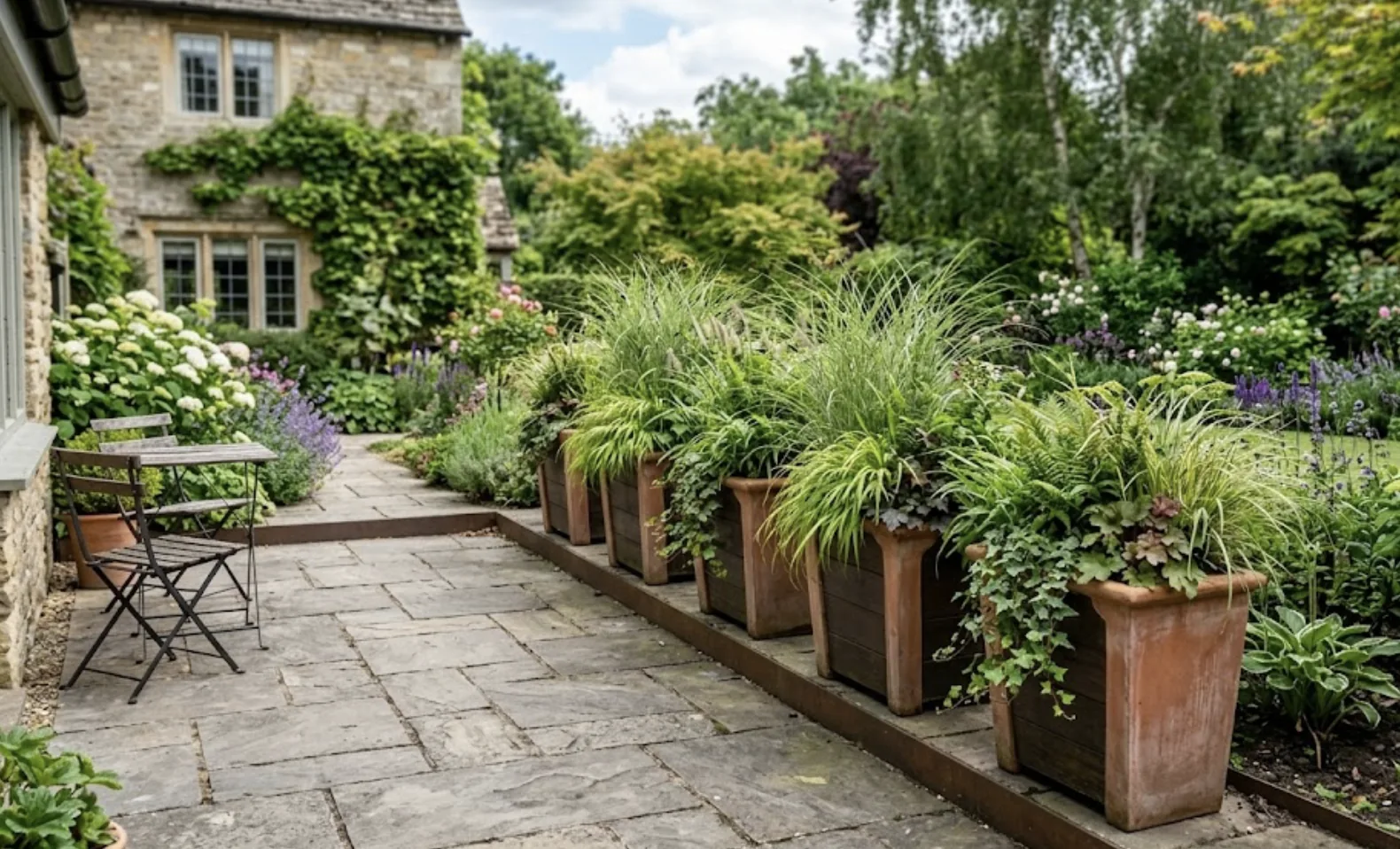 row of tall planters with grasses and greenery marking the edge of a small patio